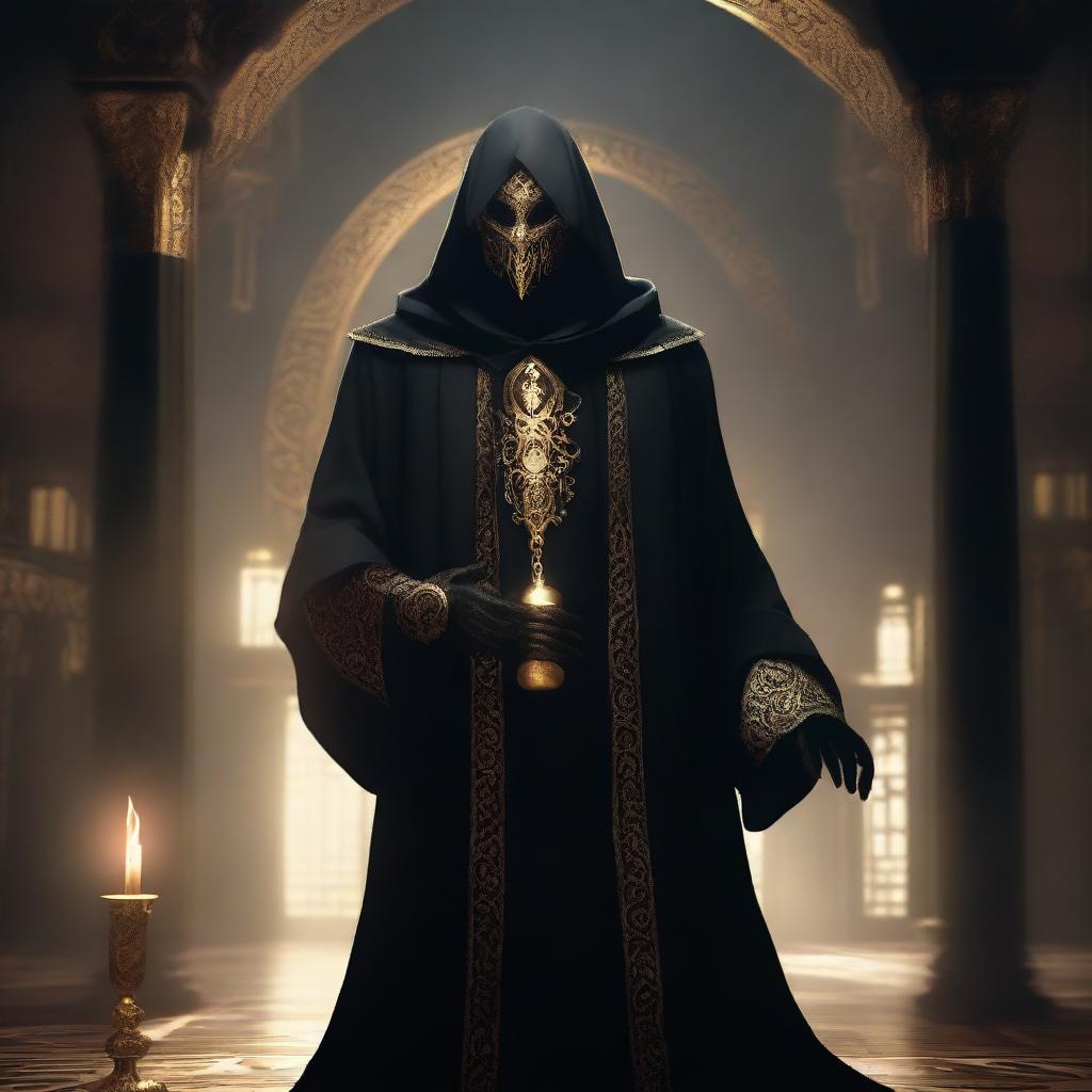 A masked cultist dressed in black robes with a golden trim, featuring a golden hourglass symbol on his robe