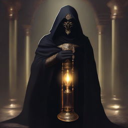 A masked cultist dressed in black robes with a golden trim, featuring a golden hourglass symbol on his robe