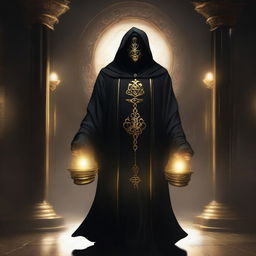 A masked cultist dressed in black robes with a golden trim, featuring a golden hourglass symbol on his robe