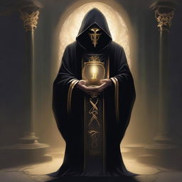 A masked cultist dressed in black robes with a golden trim, featuring a golden hourglass symbol on his robe