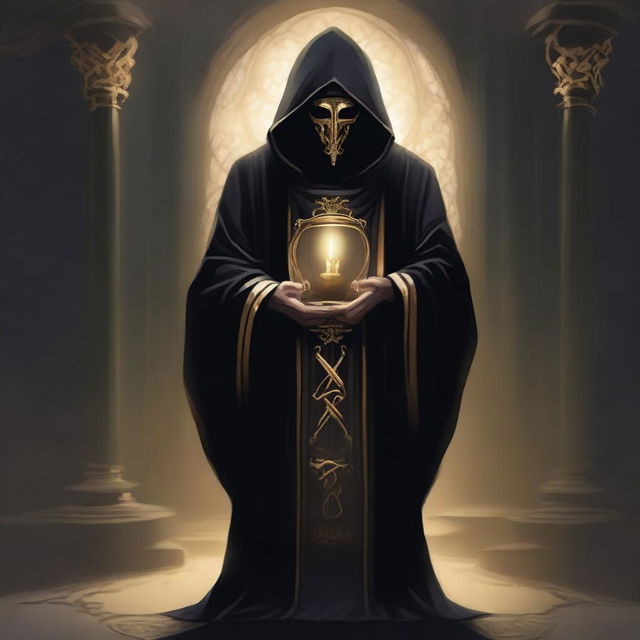 A masked cultist dressed in black robes with a golden trim, featuring a golden hourglass symbol on his robe