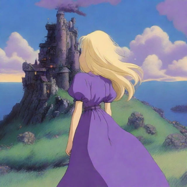 A woman with long blonde hair wearing a purple dress covered in jewels is staring at Howl's Moving Castle in the distance