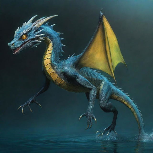 An aquatic dragon with webbed talons and webbing extending from its spine. It has a barbed tail and intense yellow eyes.