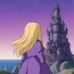 A woman with long blonde hair wearing a purple dress covered in jewels is staring at Howl's Moving Castle in the distance