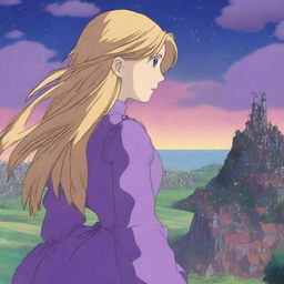 A woman with long blonde hair wearing a purple dress covered in jewels is staring at Howl's Moving Castle in the distance