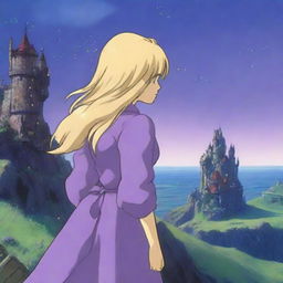 A woman with long blonde hair wearing a purple dress covered in jewels is staring at Howl's Moving Castle in the distance