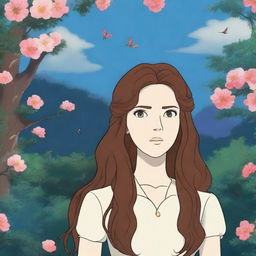 A depiction of Lana Del Rey in the style of Studio Ghibli