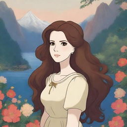 A depiction of Lana Del Rey in the style of Studio Ghibli