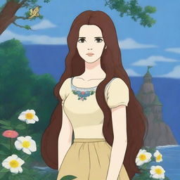 A depiction of Lana Del Rey in the style of Studio Ghibli