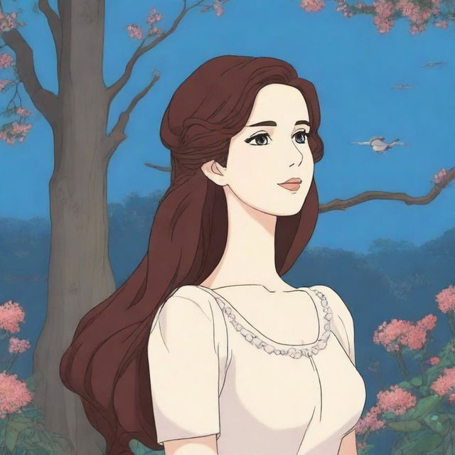 A depiction of Lana Del Rey in the style of Studio Ghibli