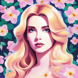 A detailed anime-style portrait of Lana Del Rey with blonde hair