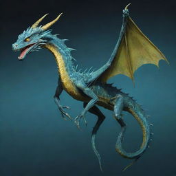 An aquatic dragon with webbed talons and webbing extending from its spine. It has a barbed tail and intense yellow eyes.