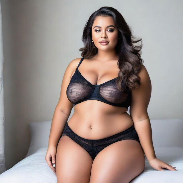 A beautiful curvy woman posing confidently in elegant underwear