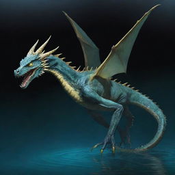 An aquatic dragon with webbed talons and webbing extending from its spine. It has a barbed tail and intense yellow eyes.