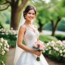 A beautiful young bride with a happy and loving look on her face