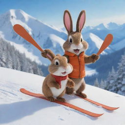 A friendly cartoon bunny and beaver, joyously fellowshipping with each other and having a great winter escapade, skiing down a snowy slope with mountains in the background. Their laughter fills the crisp winter air.