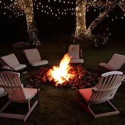 Aesthetic evening party scene outdoors with a large, crackling bonfire, illuminated surrounding decorated with fairy lights, comfortable lounge chairs and a festive atmosphere