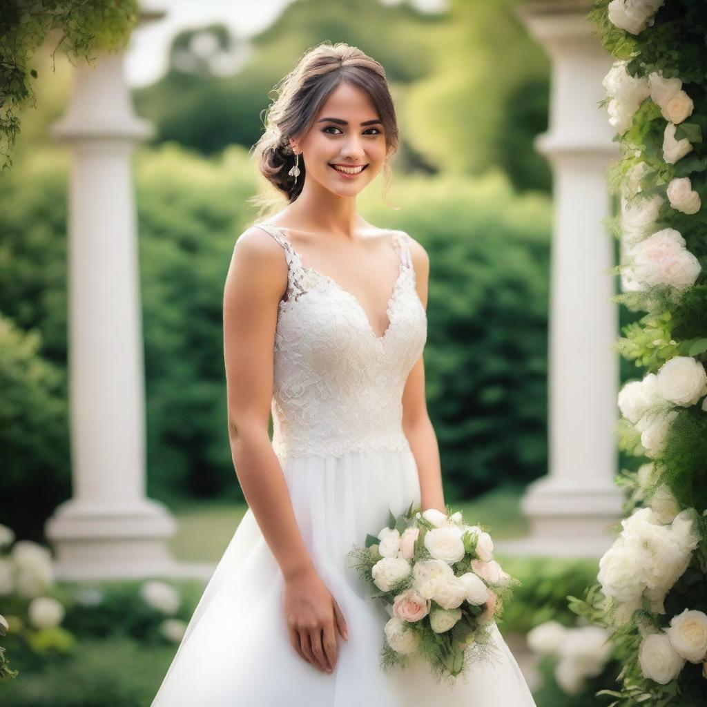 A beautiful young bride with a happy and loving look on her face