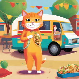 A whimsical scene of an orange cat dressed in a taco suit, standing proudly in front of a taco truck