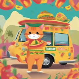 A whimsical scene of an orange cat dressed in a taco suit, standing proudly in front of a taco truck