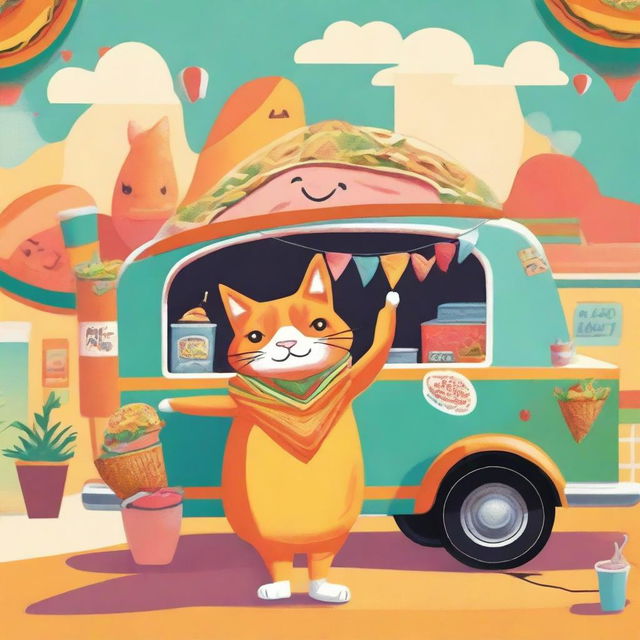 A whimsical scene of an orange cat dressed in a taco suit, standing proudly in front of a taco truck