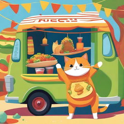 A whimsical scene of an orange cat dressed in a taco suit, standing proudly in front of a taco truck