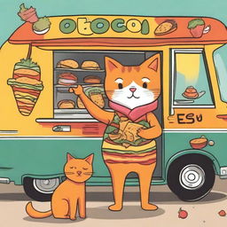 A colorful drawing of an orange cat dressed in a taco suit, standing in front of a taco truck