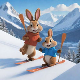 A friendly cartoon bunny and beaver, joyously fellowshipping with each other and having a great winter escapade, skiing down a snowy slope with mountains in the background. Their laughter fills the crisp winter air.