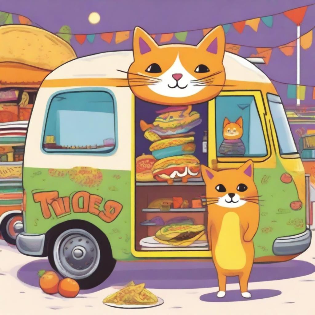 A colorful drawing of an orange cat dressed in a taco suit, standing in front of a taco truck