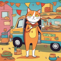 A colorful drawing of an orange cat dressed in a taco suit, standing in front of a taco truck