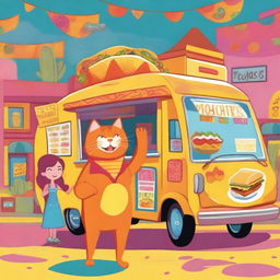 A colorful drawing of an orange cat dressed in a taco suit, standing in front of a taco truck