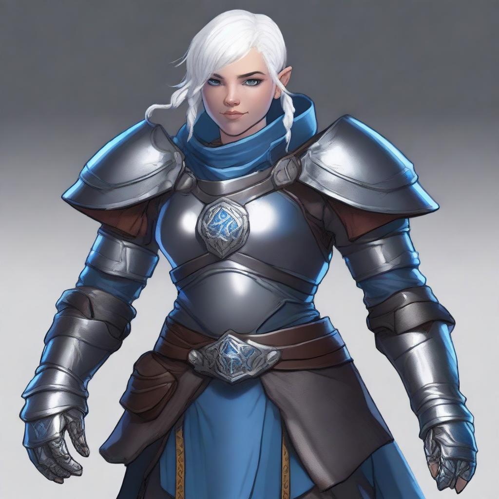 A young adult female dwarf with short white hair, dark gray skin, and blue eyes