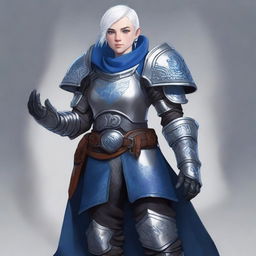 A young adult female dwarf with short white hair, dark gray skin, and blue eyes