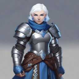 A young adult female dwarf with short white hair, dark gray skin, and blue eyes