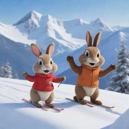 A friendly cartoon bunny and beaver, joyously fellowshipping with each other and having a great winter escapade, skiing down a snowy slope with mountains in the background. Their laughter fills the crisp winter air.