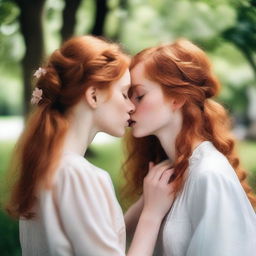 Two girls with ginger hair kissing tenderly