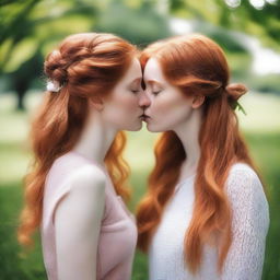 Two girls with ginger hair kissing tenderly