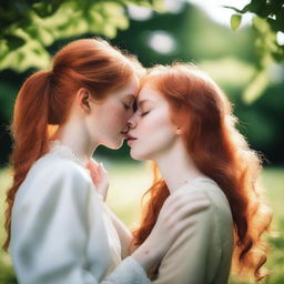 Two girls with ginger hair kissing tenderly