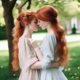 Two girls with ginger hair kissing tenderly