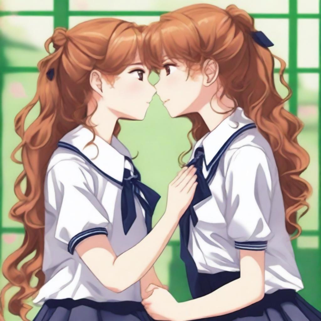 Two girls, one with long ginger hair and the other with long curly brown hair, kissing tenderly