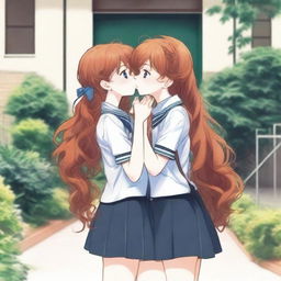 Two girls, one with long ginger hair and the other with long curly brown hair, kissing tenderly