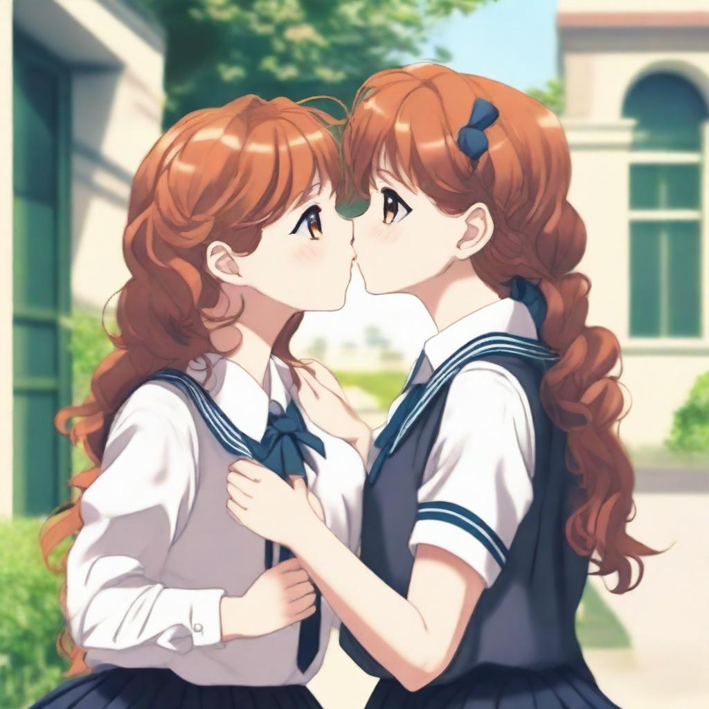 Two girls, one with long ginger hair and the other with long curly brown hair, kissing tenderly