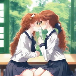 Two girls, one with long ginger hair and the other with long curly brown hair, kissing tenderly