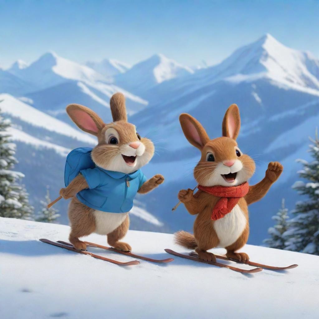 A friendly cartoon bunny and beaver, joyously fellowshipping with each other and having a great winter escapade, skiing down a snowy slope with mountains in the background. Their laughter fills the crisp winter air.