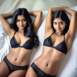 Two Indian girls lying on a bed, wearing lingerie, with seductive looks on their faces