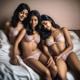 Three Indian girls lying on a bed, wearing elegant lingerie