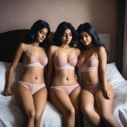 Three Indian girls lying on a bed, wearing elegant lingerie