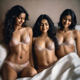 Three Indian girls lying on a bed, wearing elegant lingerie