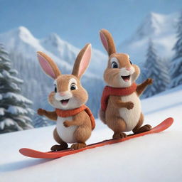 An animated scene of a cartoon bunny and beaver, best friends, merrily skiing down a snowy mountain slope. Their faces are filled with joy and excitement, creating a lively and charming winter tableau.