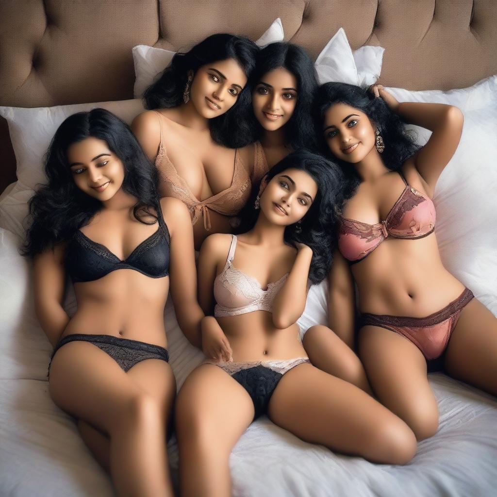 A group of Indian girls lying on a bed, wearing lingerie